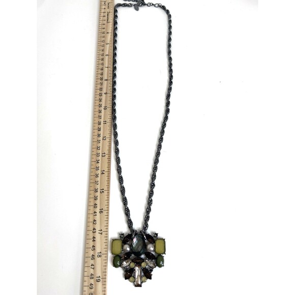 Chicos Statement Necklace Green Yellow Crystal Pendant Gray 42" Jewelry - Picture 5 of 5